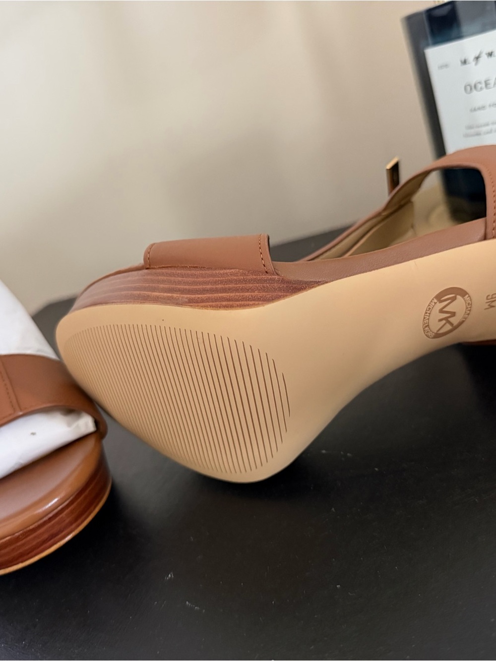 Michael Kors Cognac Leather Block Heel Sandal with Front Zip - Picture 3 of 3